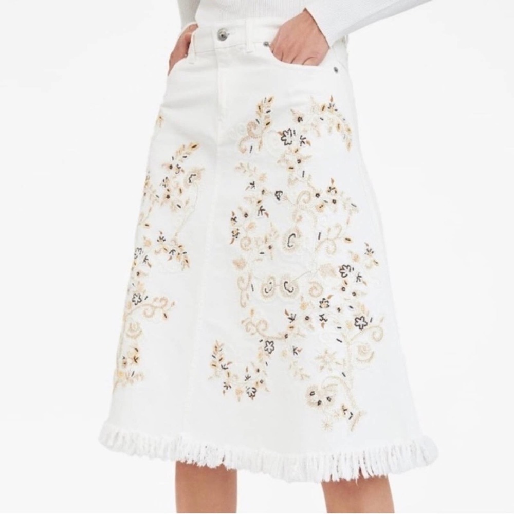 - Zara the western skirt white denim floral bead design fringe hem NEW w… - Picture 2 of 10